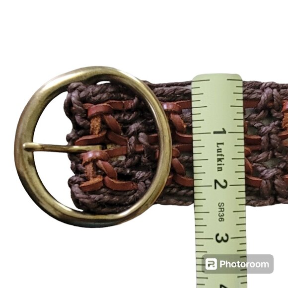 Macrame Leather and Rope Boho Woven Belt with Round Gold Tone Buckle Y2K - Picture 4 of 9